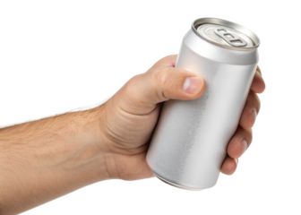 hand holding soda can isolated on a transparent background.