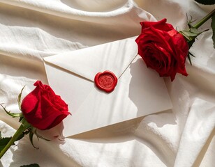 Valentine love letter with heart seal isolated on background, romantic flat lay