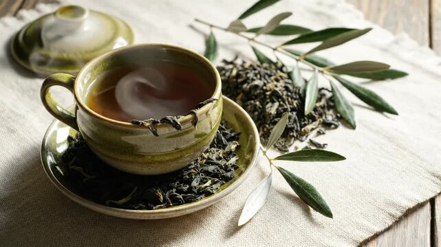 Steaming Green Tea Presentation With Olive Branch Still Life For Calm Beverage Aesthetic