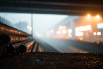 Underpass with infrastructure pipes and blurred concrete edge seen in foggy conditions during early evening