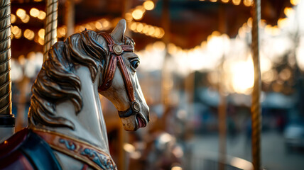 A carousel's horse statue, bathed in bokeh lights, evokes nostalgia and childhood joy, spinning memories into a dreamlike panorama.