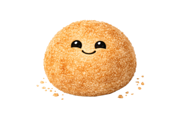 A smiling ball of golden crumbs on a black background
