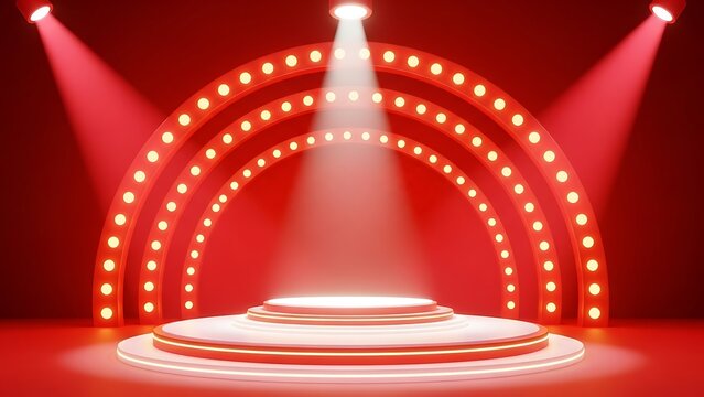 stage with red curtains and spotlight, product display background. Stage podium with lighting, Stage Podium Scene with for Award Ceremony on red Background