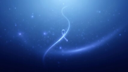 Glowing blue ribbon in starry night sky with radiant light beam for Marfan Syndrome Awareness Month