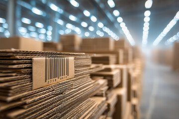 Cardboard units arranged in a warehouse with a blurred foreground showing box edges and a visible barcode