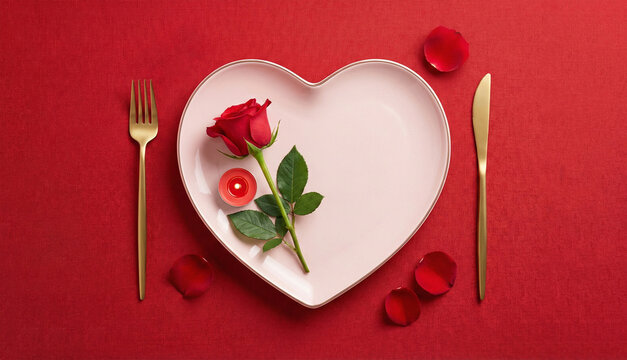 Elegante mesa rom&aacute;ntica minimalista con rosa roja y vela, sobre un plato en forma de coraz&oacute;n y fondo rojo. cena san valentin.