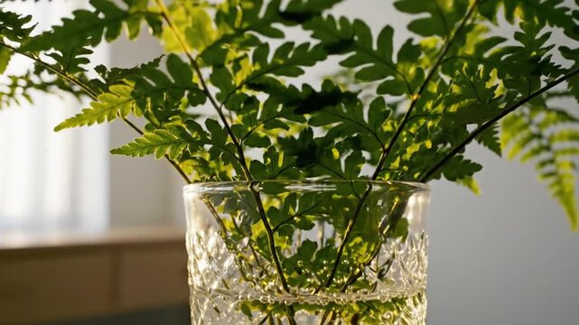 Radiant Fern Fronds In Crystal Glass Vase Basking Under Natural Sunlight Display