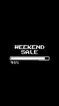 Vertical 4K pixel glitch weekend sale animation with loading progress bar. Retro promo overlay for ecommerce ads, social media stories, weekend deals, and marketing campaigns.