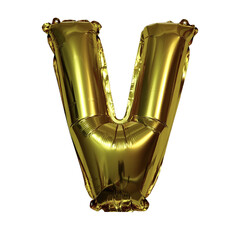 Letter V made of golden inflatable helium balloon isolated on transparent background. Gold foil balloon upper case letter