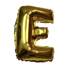 Letter E made of golden inflatable helium balloon isolated on transparent background. Gold foil balloon upper case letter