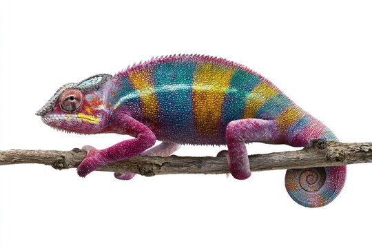 Colorful chameleon perched on a branch isolated against a white background