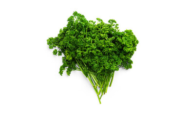 Fototapeta premium Greenery. Sprigs of curled parsley on a white background. Macro photo. High quality photo