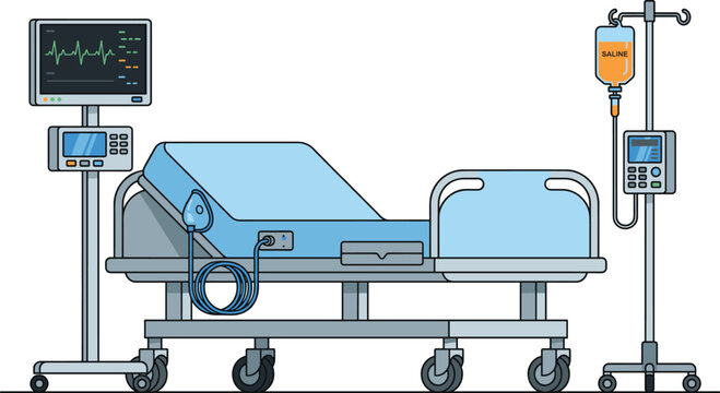 hospital icu bed illustration, patient monitoring system and saline drip equipment, emergency healthcare medical flat vector