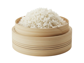 Steamed rice in bamboo basket isolated on transparent background