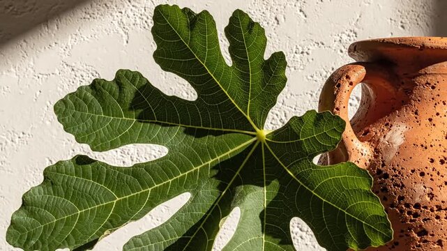 Sunlight On A Fresh Fig Leaf By An Ancient Terracotta Vase And Textured Wall