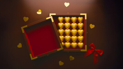 Heart-shaped gold chocolates in an open gift box with festive decor.