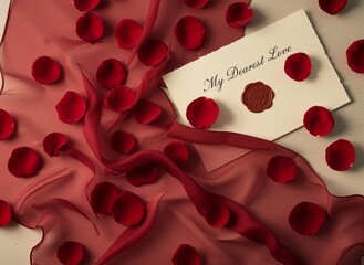 Love letter with wax seal and rose petals on red fabric.