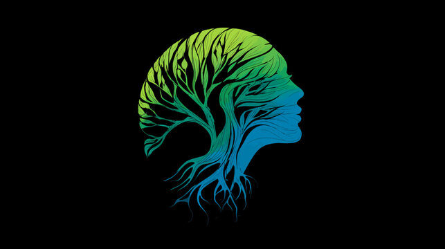 Human profile silhouette with vibrant green and blue gradient tree branches and roots, symbolizing growth, nature, mind, and ecology on black background.
