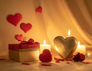 Romantic candlelight Valentine scene with hearts and gift, warm lighting