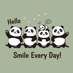 Naklejka premium Four cute panda bears sitting together on a branch with flowers and text Smile Every Day, inspirational friendship and nature illustration