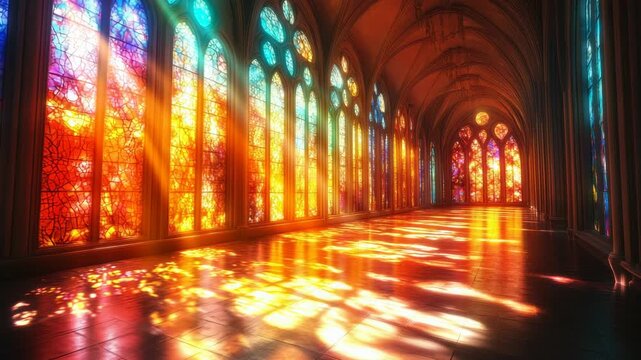 A divine background of a grand cathedral with sunlight casting colorful reflections from stained glass windows. Perfect for creating spiritual, historical, or wedding videos.