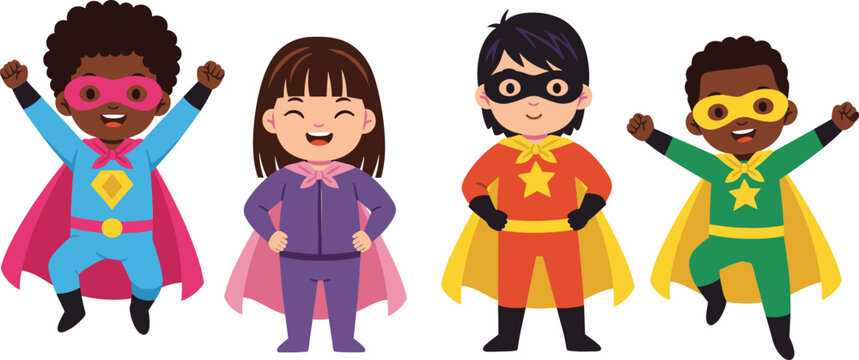 Cute superhero kids character set wearing colorful costumes showing confidence power and teamwork in flat vector illustration