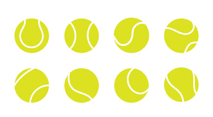 Set of bright tennis ball icons in different views. Simple flat sport symbols for tennis design, app interface, infographic or game elements. Minimal vector illustration isolated on white background.