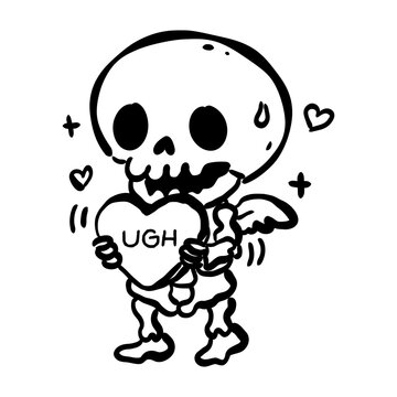 Hand drawn cute cupid skeleton holding heart doodle black and white gothic valentines love illustration spooky romance character design