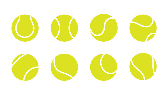 Set of bright tennis ball icons in different views. Simple flat sport symbols for tennis design, app interface, infographic or game elements. Minimal vector illustration isolated on white background.