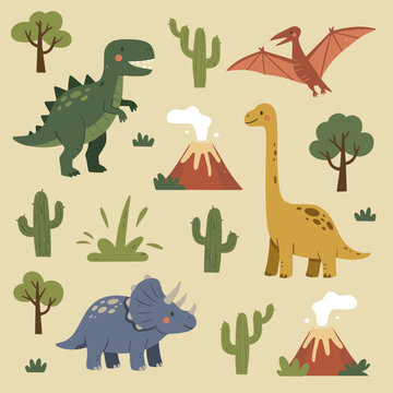Prehistoric world landscape with cute dinosaurs volcanoes mountains and cactus plants flat vector illustration for kids educational poster design.