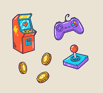 Classic arcade gaming elements including red cabinet with pixel heart, purple gamepad controller, blue joystick and golden coins for game design