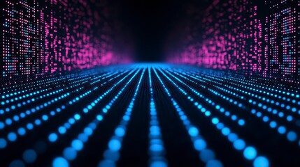 A vibrant digital landscape featuring rows of illuminated dots in blue and pink, creating a futuristic and immersive visual experience.