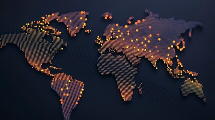 A colorful, abstract representation of a world map made of dots, highlighting geographical regions with varying color intensities.