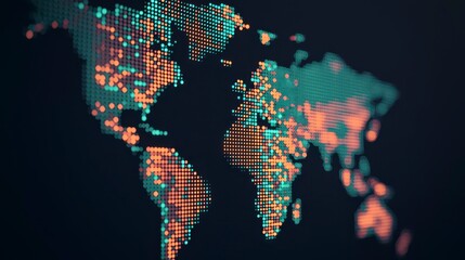 A digital representation of the world map created with colorful dots, highlighting geographical regions in a modern, abstract style.