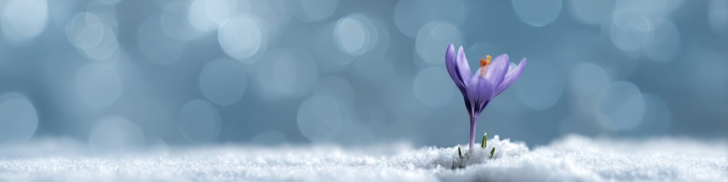 Purple crocus blooming through snow with bokeh background