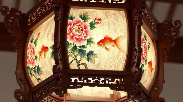 Traditional wooden lantern with peony and goldfish patterns