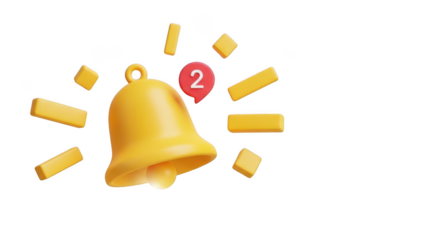 Golden notification bell with notification badge on transparent background 3d render