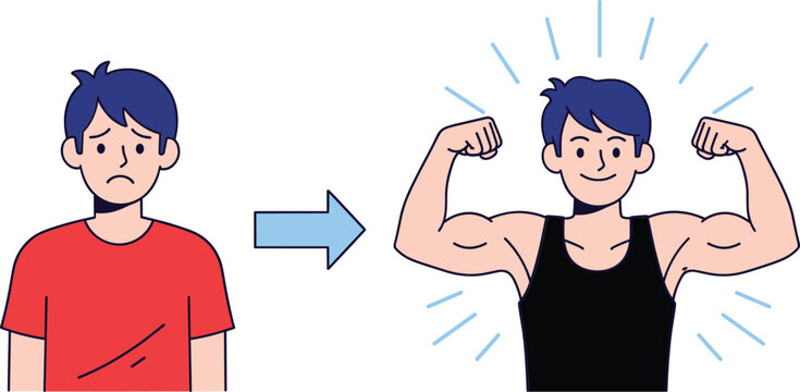 Man body transformation concept showing weak to strong fitness progress before and after in flat vector illustration