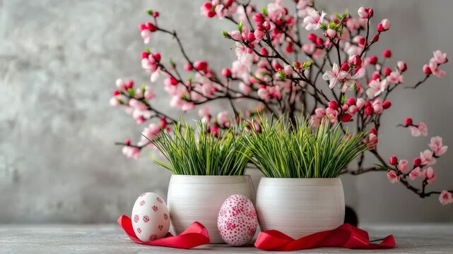 Spring decorations with flower branches and colorful eggs set on a simple table near the end of the season