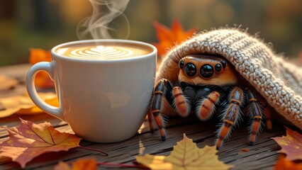 close tarantula sitting wooden surface autumn leaves scattered around background blurred appears garden park trees foliage foreground white mug latte art design small white knitted bag spider inside