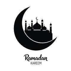 Ramadan Kareem greeting with mosque silhouette inside a crescent moon on white background