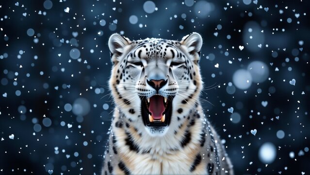 close snow leopard face leopard facing towards right side its mouth open wide showing its sharp teeth its eyes closed its nose slightly open yawning background black small white snowflakes falling