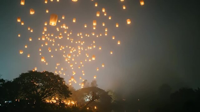 Night Sky Filled With Floating Lanterns Over River And Trees With Silhouettes Of People Watching The Spectacle
