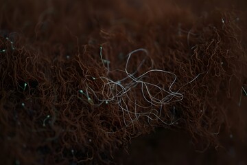 Brown hair with white strands, tangled locks, dark background