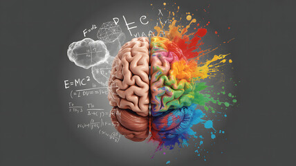 Vibrant brain illustration with creative colorful splashes and equations