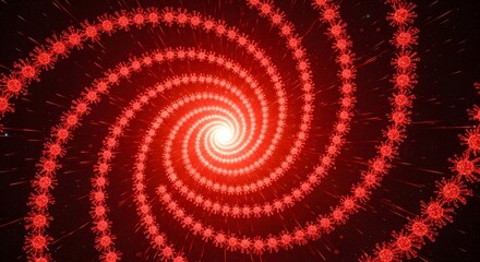 A vibrant red microscopic visualization featuring coronavirus cells arranged in a hypnotic spiral pattern representing a global pandemic infection spread and scientific medical health research data