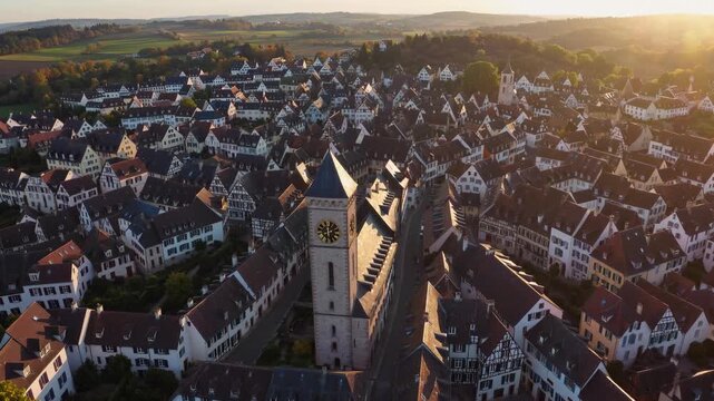 The image shows an aerial view of a town at sunset, featuring a prominent clock tower. The clock tower stands among charming houses typical of the town layout.