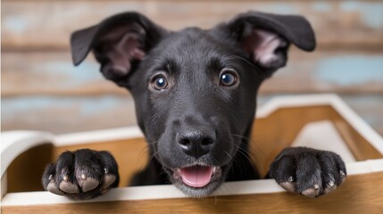 Adorable black puppy peeking over wooden box with curious expression