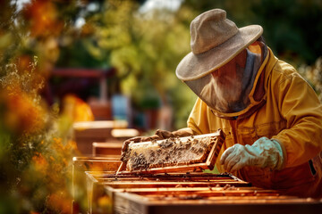 Beekeeper Carefully Inspecting Bee Hive Frame in Sunny Garden Setting for Honey