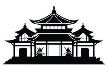 Fototapeta premium Traditional Asian House Silhouette Icon Vector Art in Black and White on a Bright Isolated Background